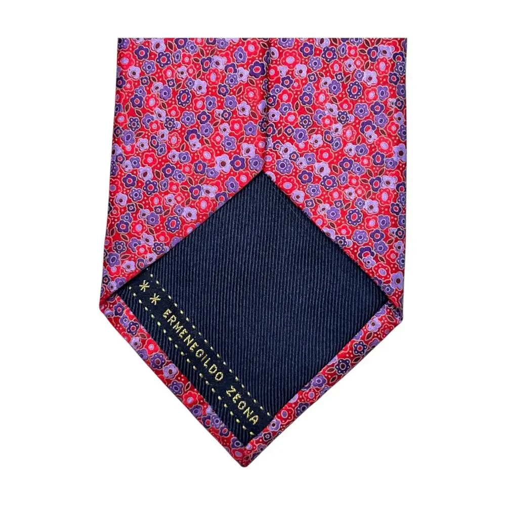 Ermenegildo Zegna Tie Mens Red Silk Floral Classic Luxury Made In Italy Y2K